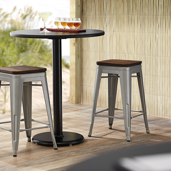 Lancaster Table & Seating Alloy Series Silver Metal Indoor Industrial Cafe Counter Height Stool with Walnut Wood Seat