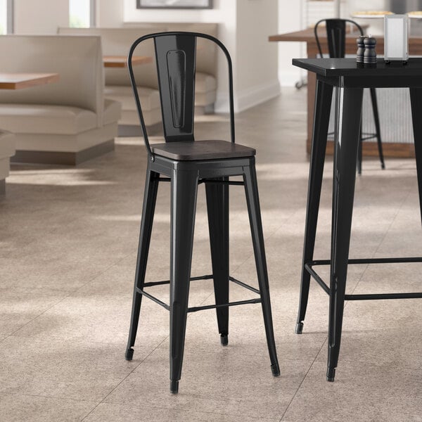 Lancaster Table & Seating Alloy Series Onyx Black Indoor Cafe Barstool with Black Wood Seat