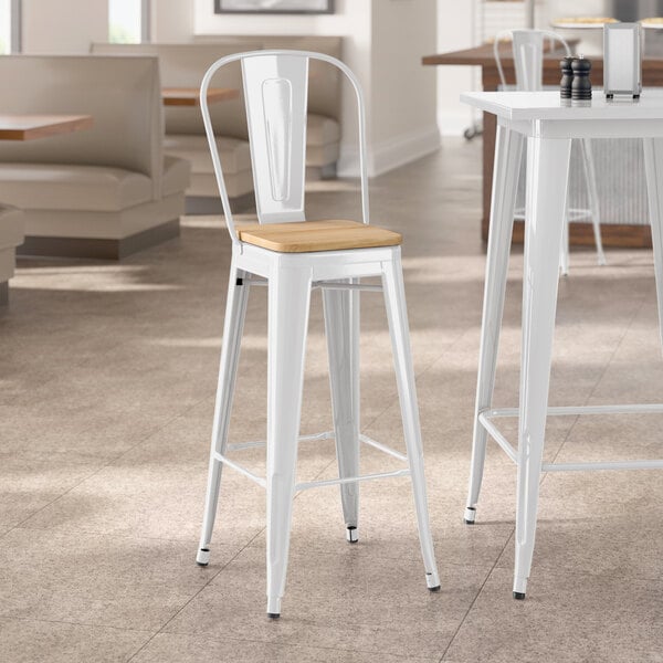 Lancaster Table & Seating Alloy Series Pearl White Indoor Cafe Barstool with Natural Wood Seat