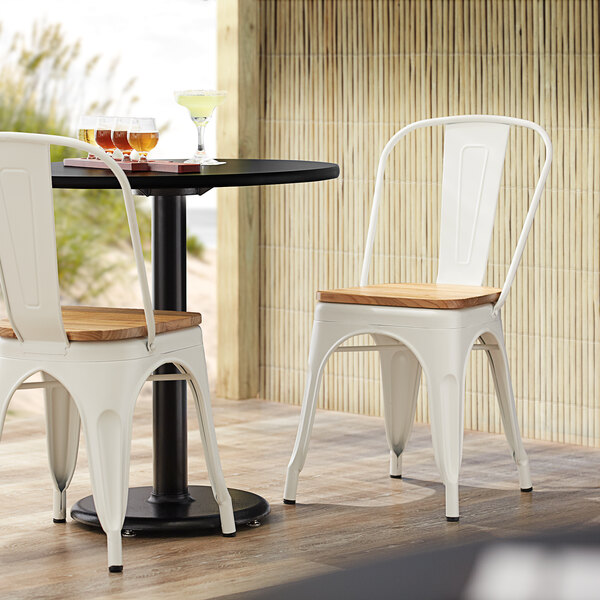 Lancaster Table & Seating Alloy Series White Metal Indoor Industrial Cafe Chair with Vertical Slat Back and Natural Wood Seat