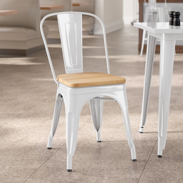 Lancaster Table & Seating Alloy Series Pearl White Indoor Cafe Chair with Natural Wood Seat