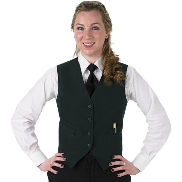 A woman in a Henry Segal hunter green server vest and tie.