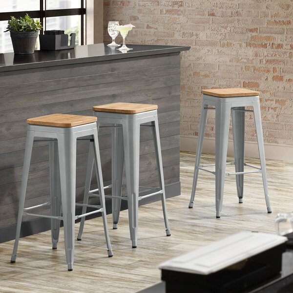 Lancaster Table & Seating Alloy Series Silver Metal Indoor Industrial Cafe Bar Height Stool with Natural Wood Seat