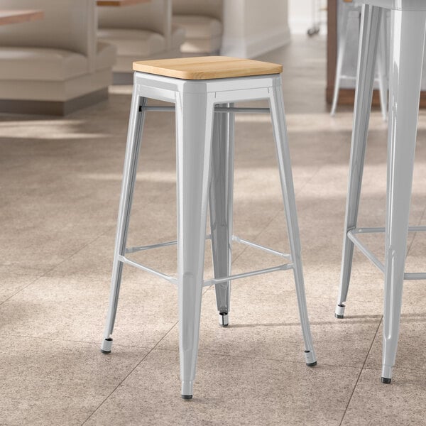 Lancaster Table & Seating Alloy Series Silver Indoor Backless Barstool with Natural Wood Seat