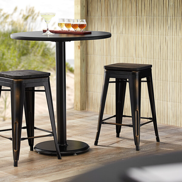 Lancaster Table & Seating Alloy Series Distressed Copper Metal Indoor Industrial Cafe Counter Height Stool with Black Wood Seat