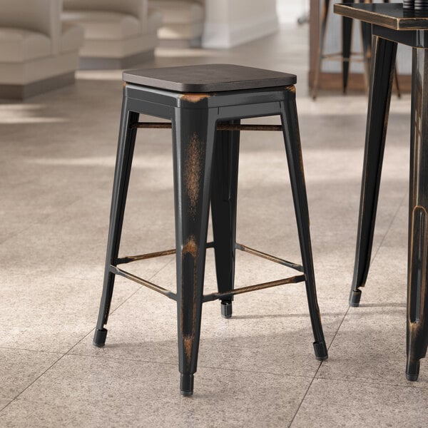 Lancaster Table & Seating Alloy Series Distressed Copper Indoor Backless Counter Height Stool with Black Wood Seat