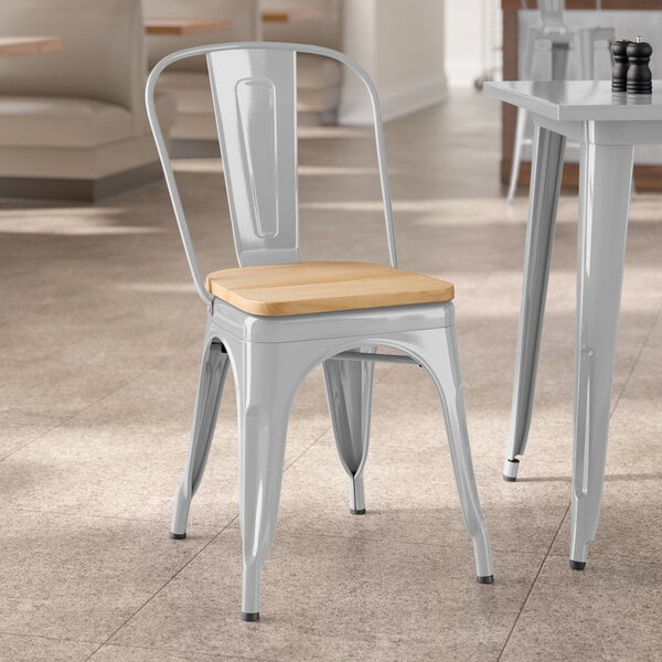Lancaster Table & Seating Alloy Series Silver Indoor Cafe Chair with Natural Wood Seat