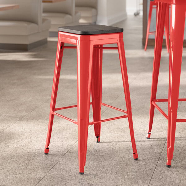 Lancaster Table & Seating Alloy Series Ruby Red Indoor Backless Barstool with Black Wood Seat