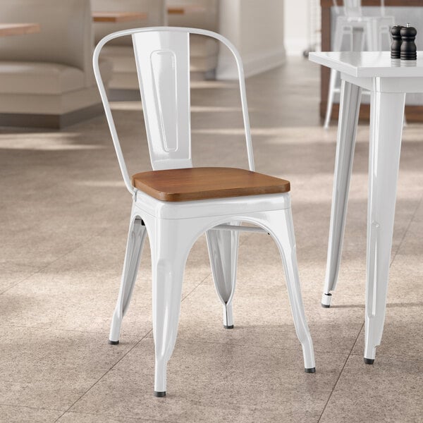 Lancaster Table & Seating Alloy Series Pearl White Indoor Cafe Chair with Walnut Wood Seat