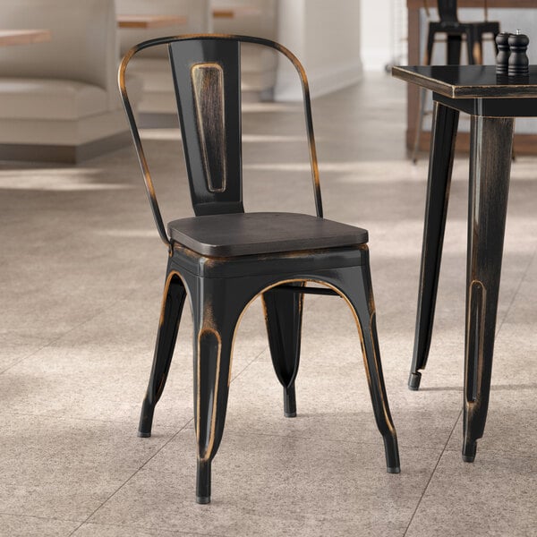 Lancaster Table & Seating Alloy Series Distressed Copper Indoor Cafe Chair with Black Wood Seat