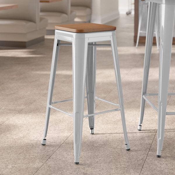 Lancaster Table & Seating Alloy Series Silver Indoor Backless Barstool with Walnut Wood Seat