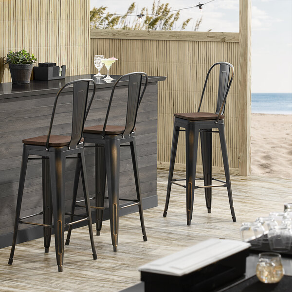 Lancaster Table & Seating Alloy Series Distressed Copper Metal Indoor Industrial Cafe Bar Height Stool with Vertical Slat Back and Walnut Wood Seat