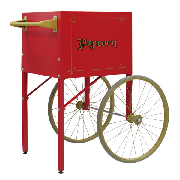 A red popcorn cart for a Global Solutions by Nemco popcorn machine with a wheel.