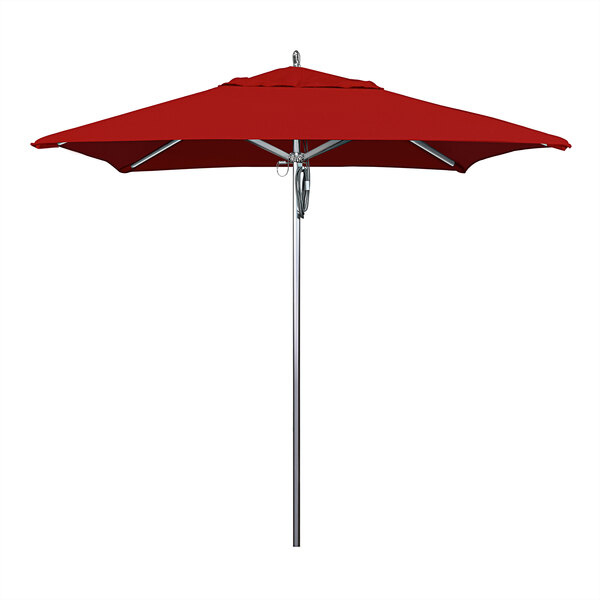 A California Umbrella with a Jockey Red Sunbrella canopy on a metal pole.