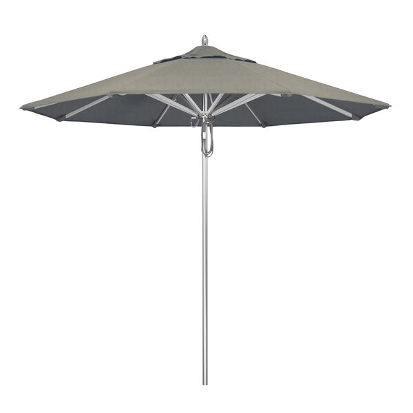 A grey California Umbrella with a Sunbrella Spectrum Dove canopy on a black pole.