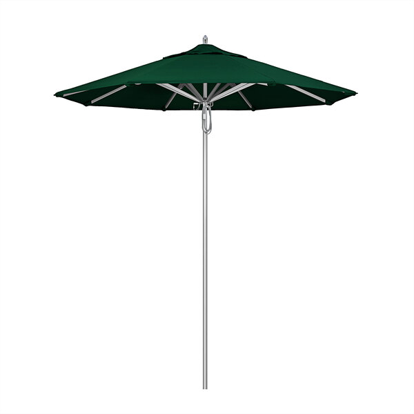 A California Umbrella with Sunbrella forest green canopy on a pole.