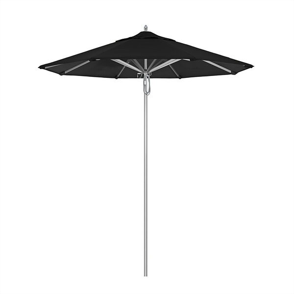 A California Umbrella with a black Sunbrella canopy on a pole.