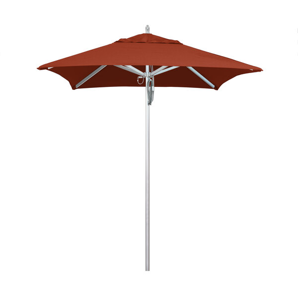 A California Umbrella with a Sunbrella terracotta canopy on a metal pole.