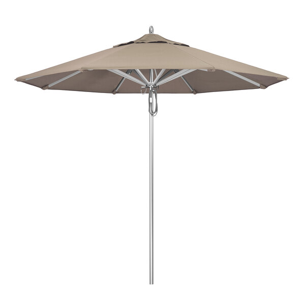 A California Umbrella with a taupe Sunbrella canopy on a metal pole.