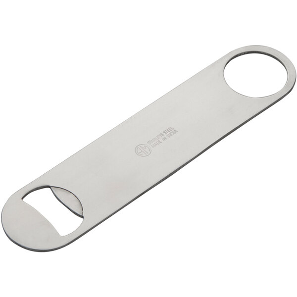 An American Metalcraft stainless steel flat bottle opener with two round holes.