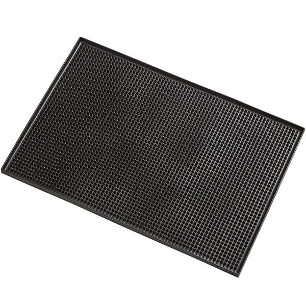 An American Metalcraft black rectangular bar mat with a grid pattern of small holes.