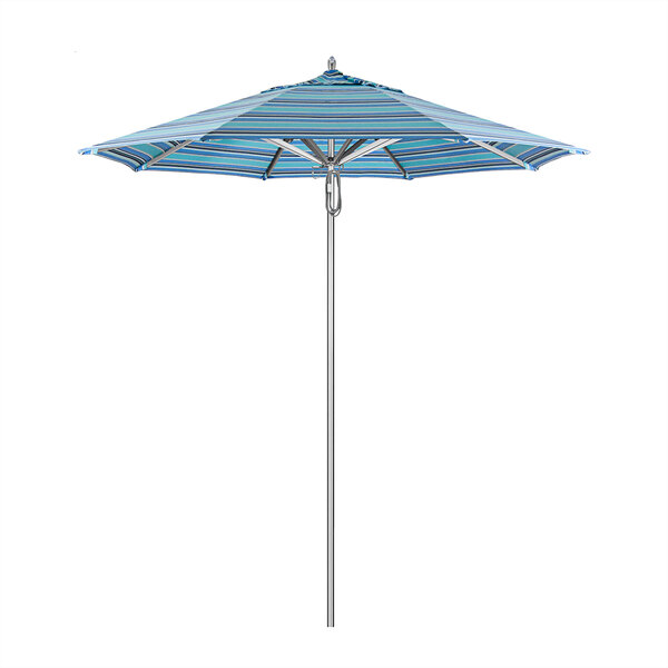 A California Umbrella with blue and white striped Sunbrella Dolce Oasis canopy on a metal pole.