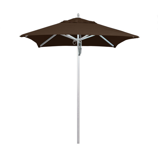 A California Umbrella with a Bay Brown Sunbrella canopy on a pole.