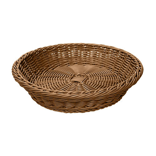 A close-up of a honey-colored woven plastic bread basket.