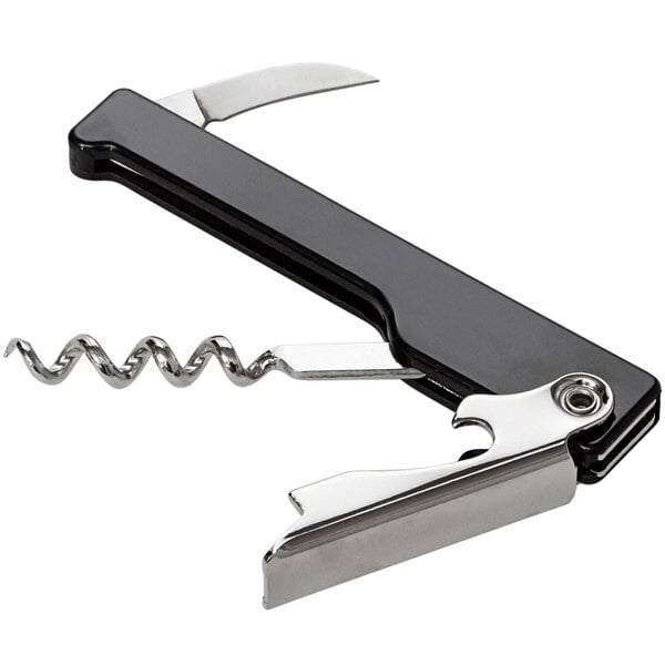 An American Metalcraft black plastic waiter's corkscrew with a silver corkscrew and a knife.