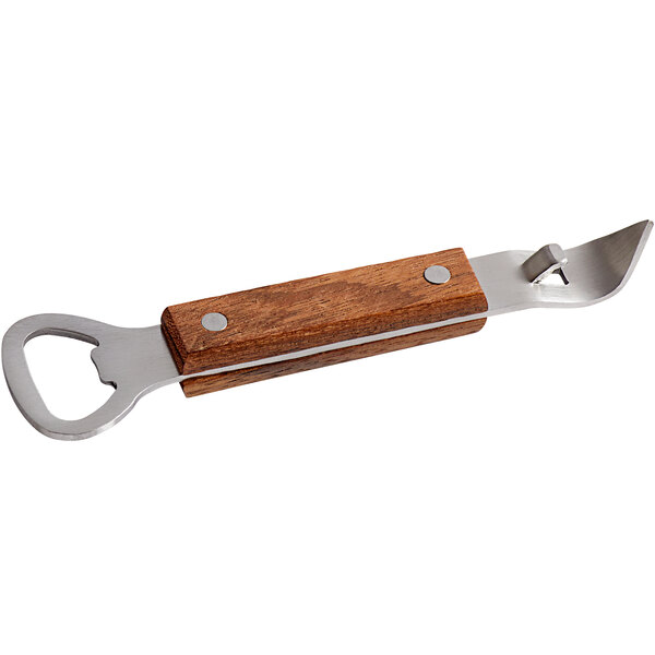 An American Metalcraft stainless steel bottle opener with a hardwood handle.