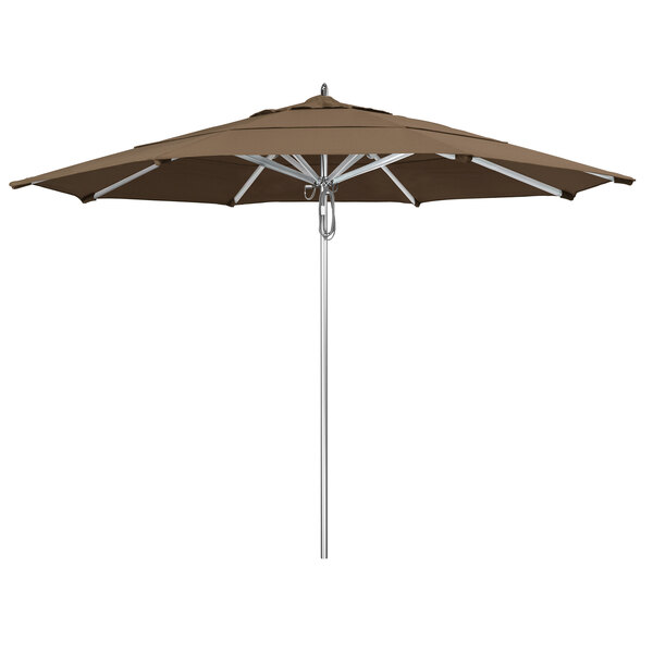 A brown California Umbrella with a metal pole.