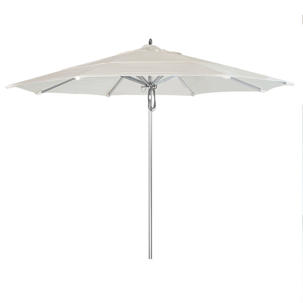 A white California Umbrella with a metal pole and a white Sunbrella canopy.