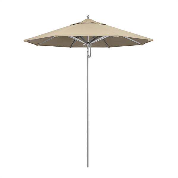 A California Umbrella with Sunbrella Antique Beige canopy on an aluminum pole.