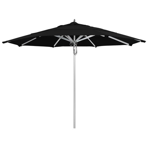 A black California Umbrella with a Sunbrella canopy and aluminum pole.
