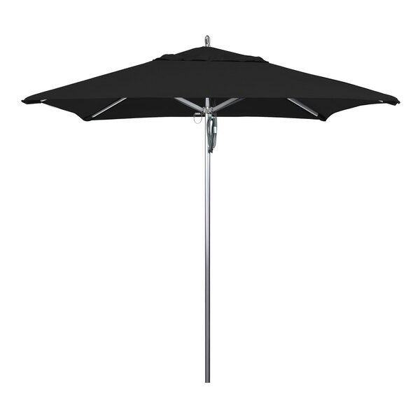 A California Umbrella black Sunbrella canopy on a black metal pole.