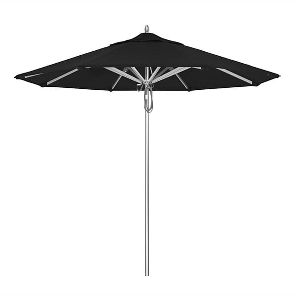A black California Umbrella with a metal pole.