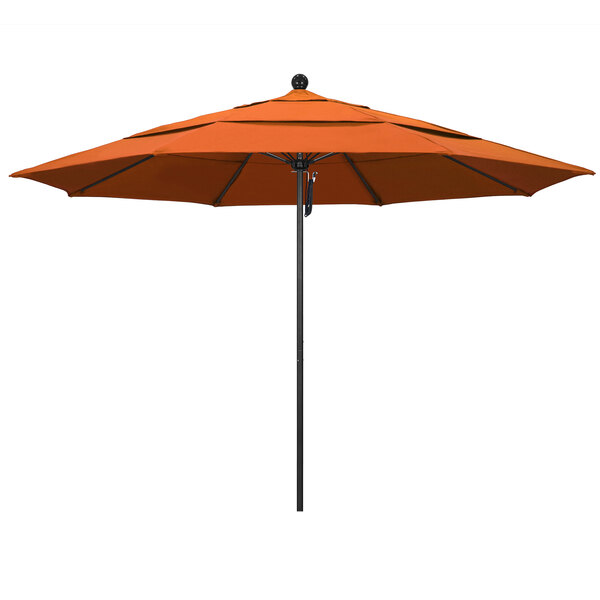 A California Umbrella ALTO round outdoor umbrella with Tuscan orange Sunbrella fabric on a black pole.