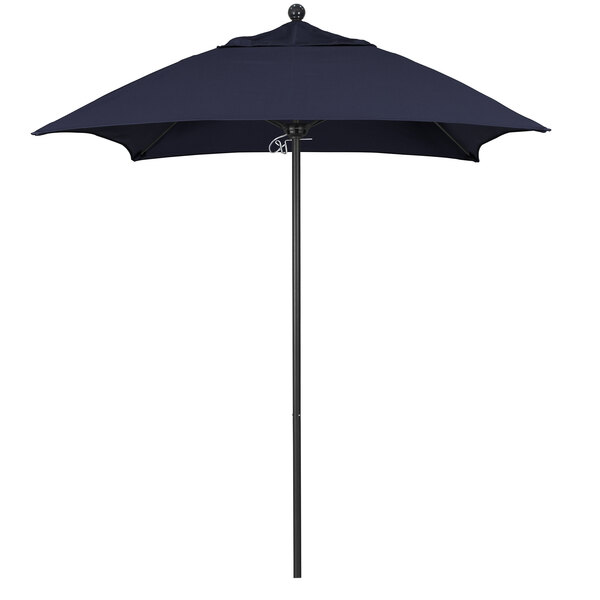 A navy blue California Umbrella with a pole.