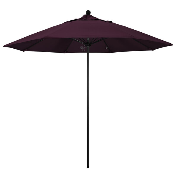 A purple California Umbrella with a black pole.