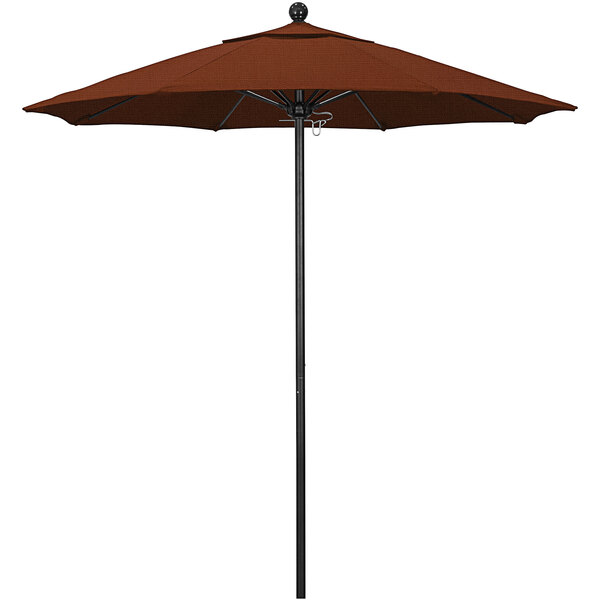 A close-up of a brown California Umbrella on a black pole.