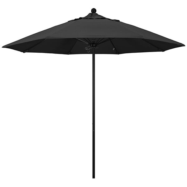 A black California Umbrella with a black pole.