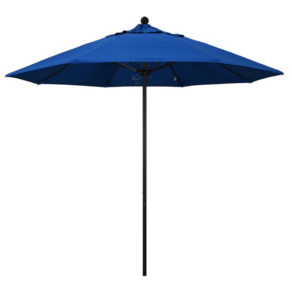 A Pacific blue California Umbrella with a black pole.