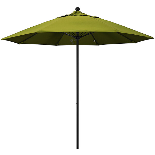 A kiwi green California Umbrella on a black pole.