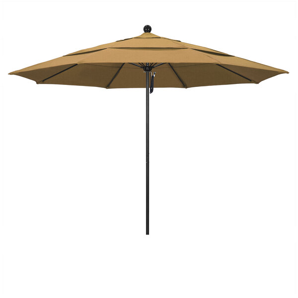 A brown California Umbrella with a black pole.