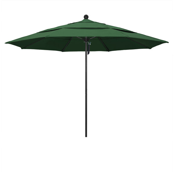 A Hunter Green California Umbrella on a black pole.