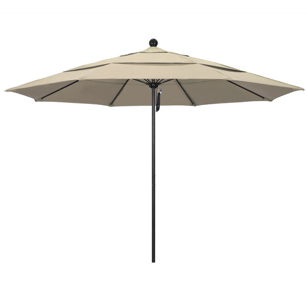 A California Umbrella with Sunbrella Antique Beige canopy on a black pole.