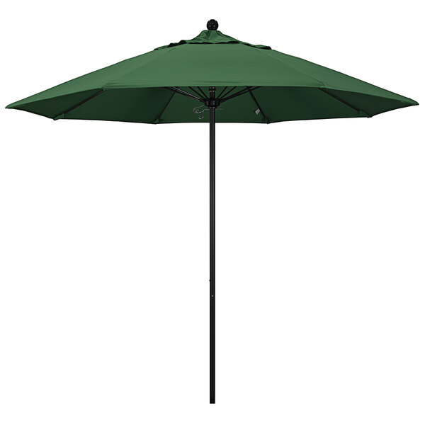 A hunter green California Umbrella with a black aluminum pole.