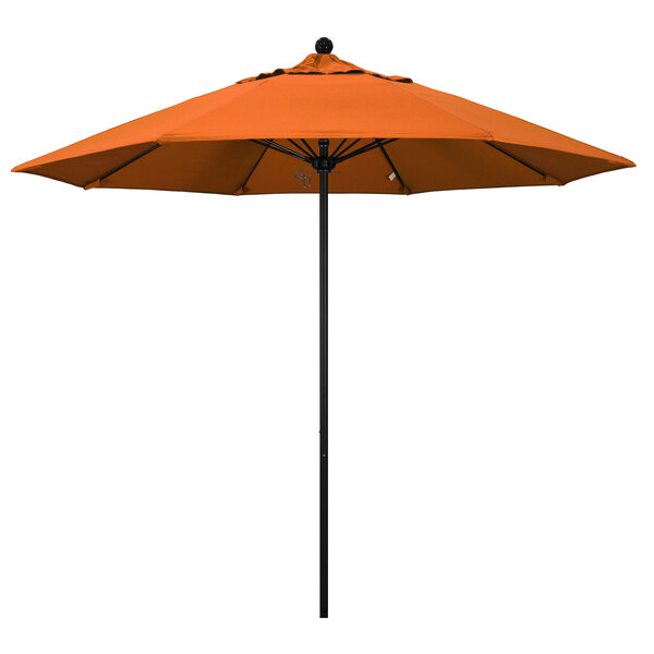 An orange California Umbrella on a black pole.