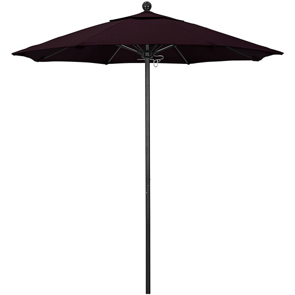 A close up of a California Umbrella with a Pacifica Purple canopy on a black pole.