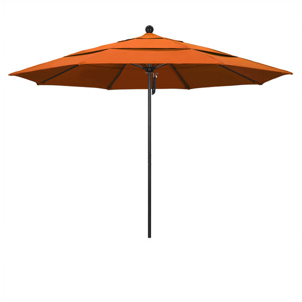 An orange California Umbrella with a black pole.
